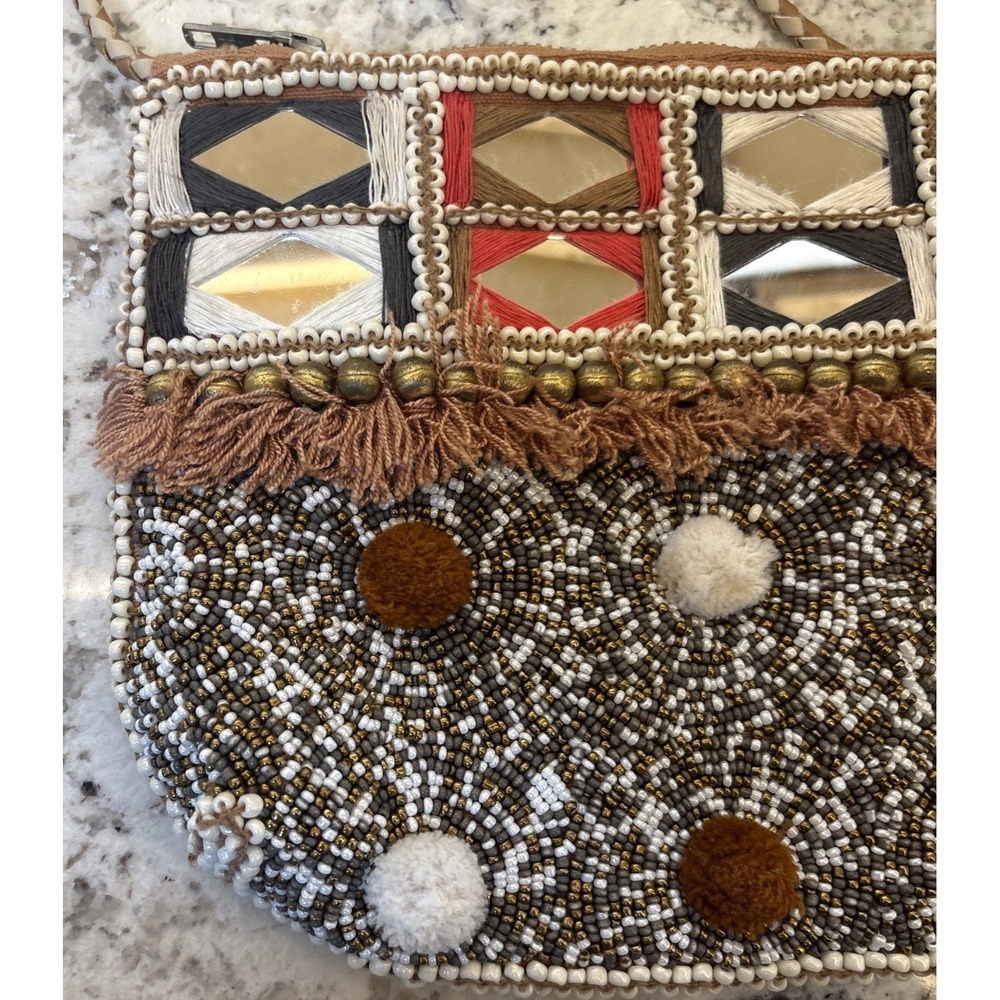 Revolve Riyaz Shashi Tribal Beaded Mirror‎ Fringe Crossbody Shoulder Bag Boho - Picture 2 of 16